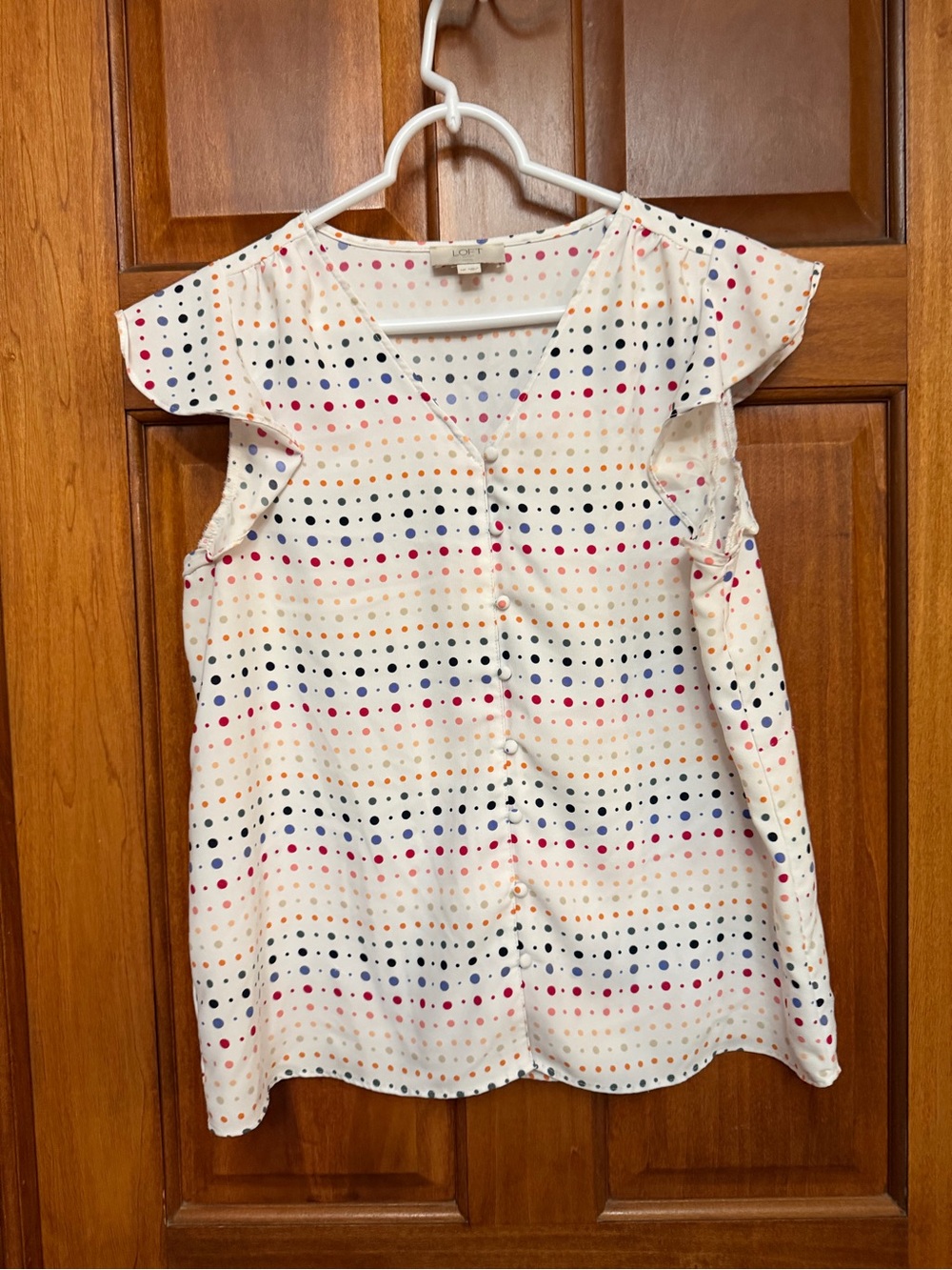 LOFT Petite PM White Multicolor Polka Dot V Neck Flutter Sleeve Button Blouse